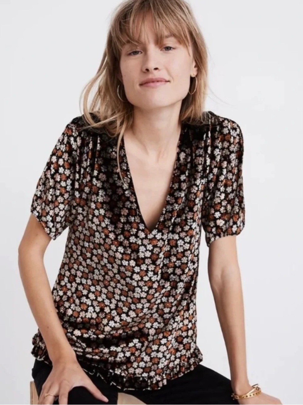 Madewell Velvet Tulip-Sleeve Ruffle Top S